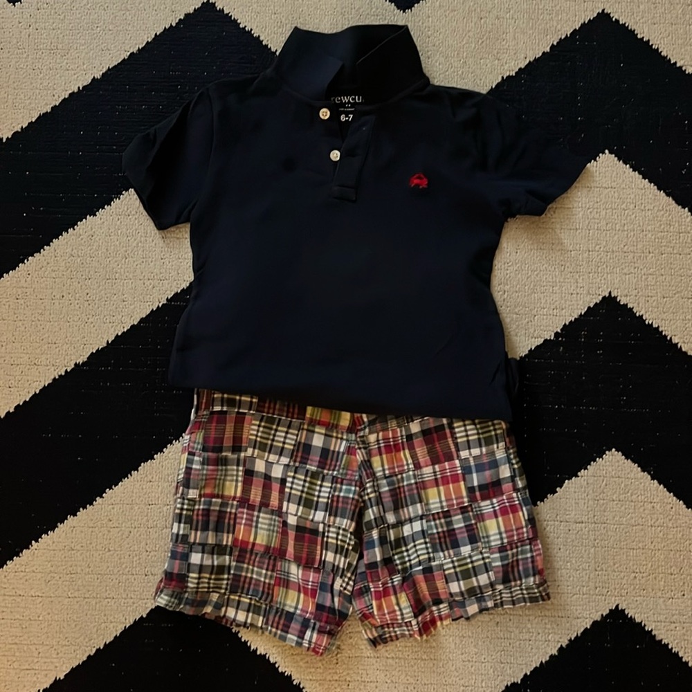 Patchwork Shorts and Navy Polo with Red Crab by Crewcuts